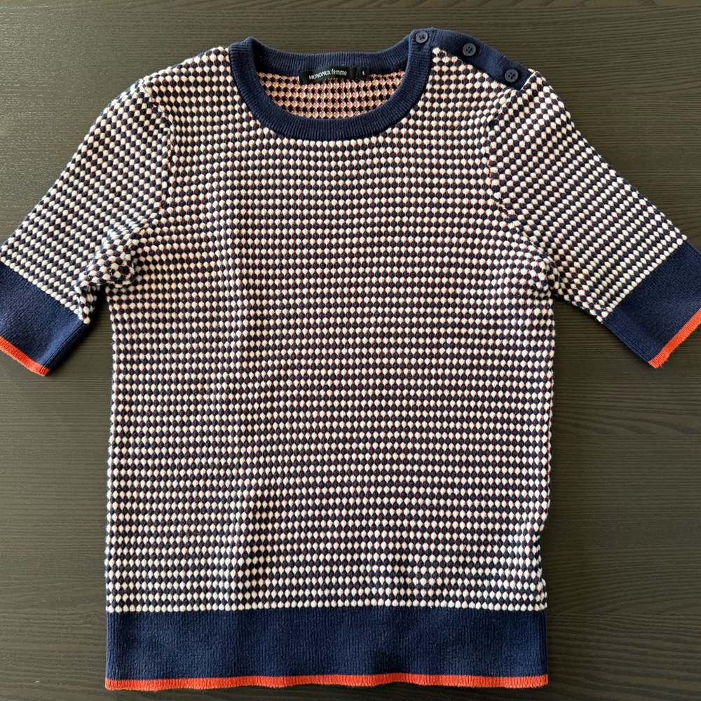 Elegant Navy and White Women's Short Sleeve Top W/Orange Trim and Button Detail